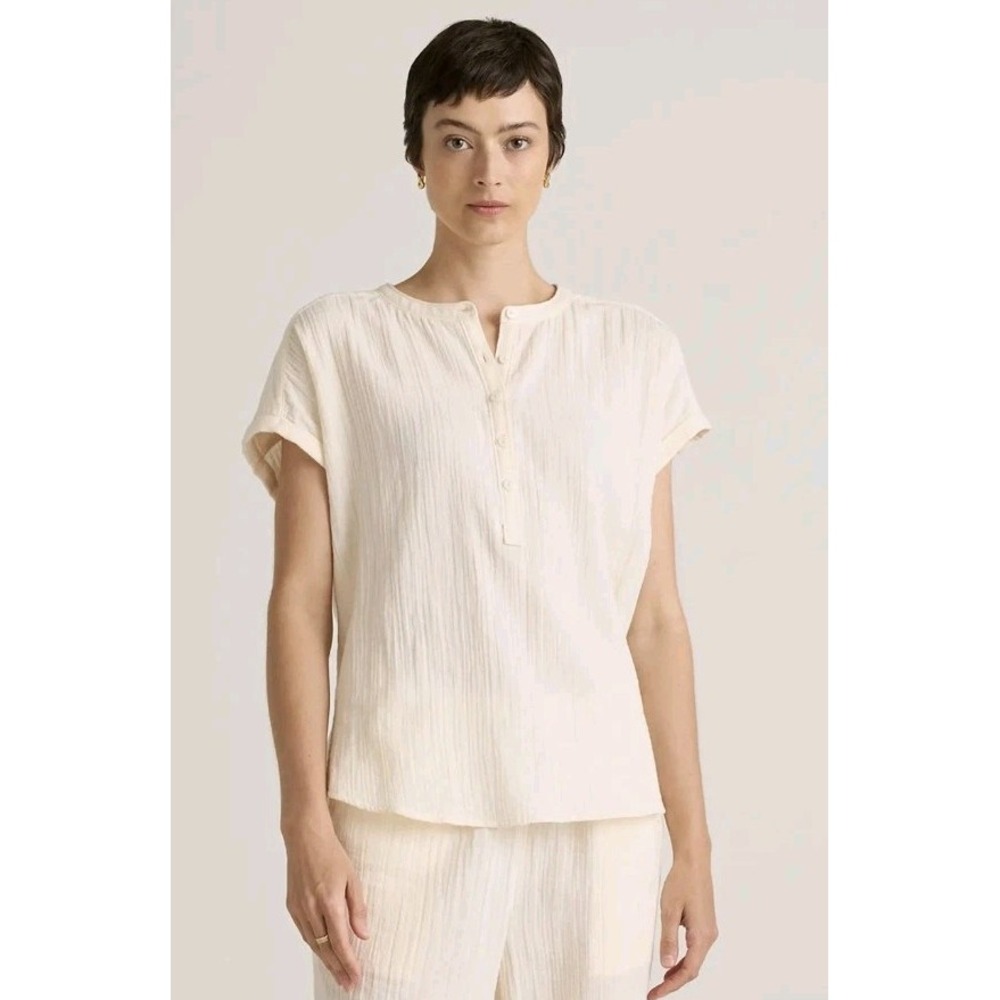New Quince 100% Organic Cotton Gauze Roll Sleeve Shirt Henley Cream Women XS